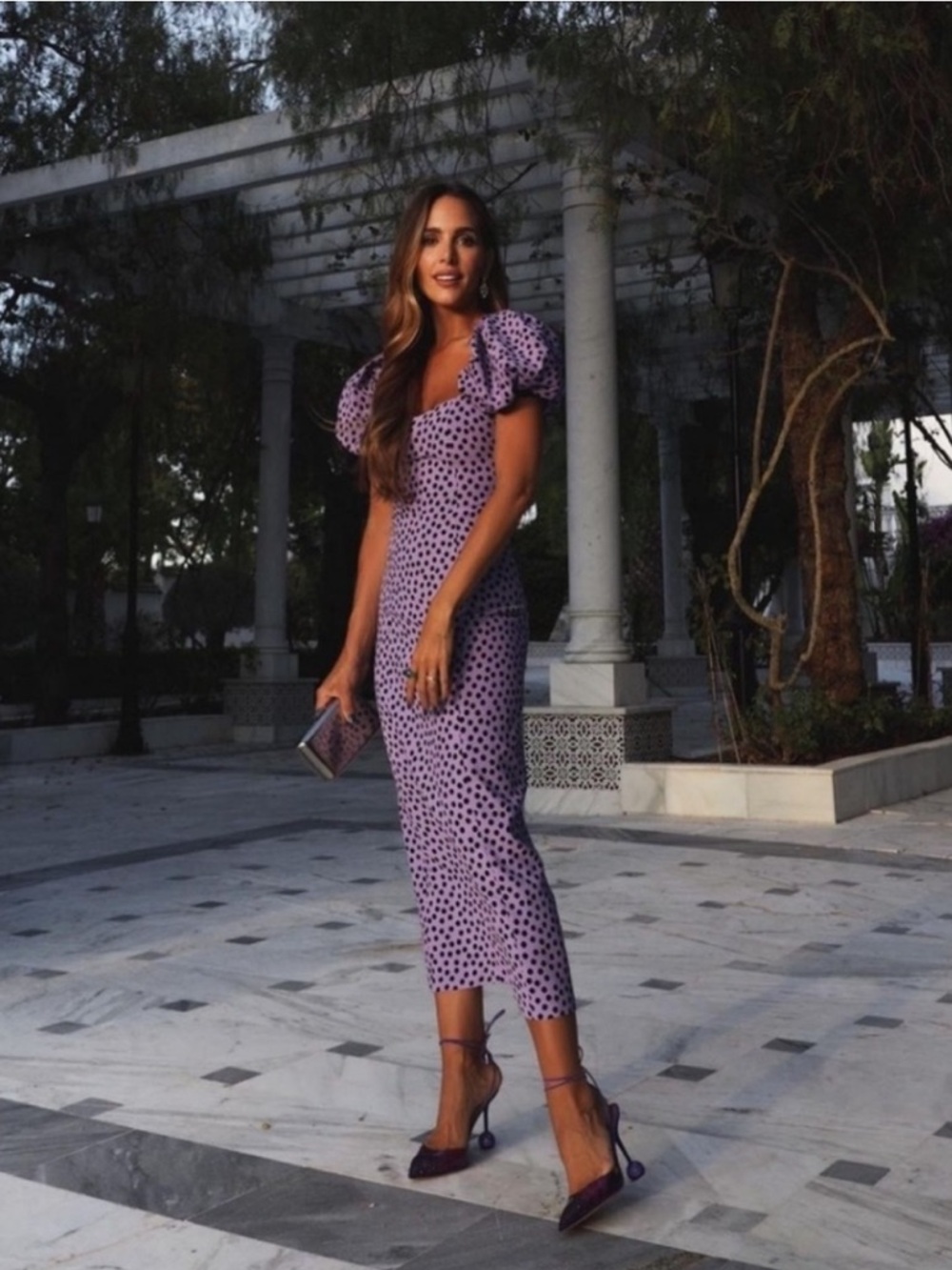 Zara Lavender Puff Sleeve Dress with Black Polka Dots - Size Small